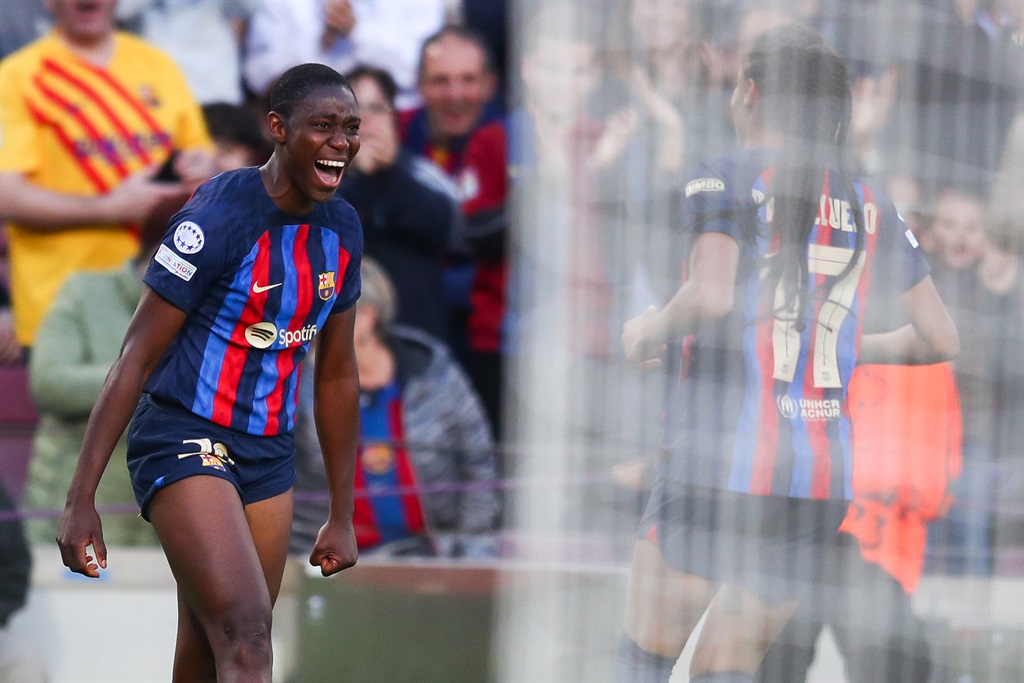 FC Barcelona striker Asisat Oshoala celebrates a goal during her team's Uefa Womens Champions League quarterfinal win over AS Roma in March. Photo: Eric Alonso/Getty Images