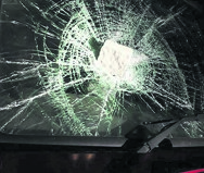 A brick was thrown through the windscreen of an EMS ambulance in Gugulethu yesterday.