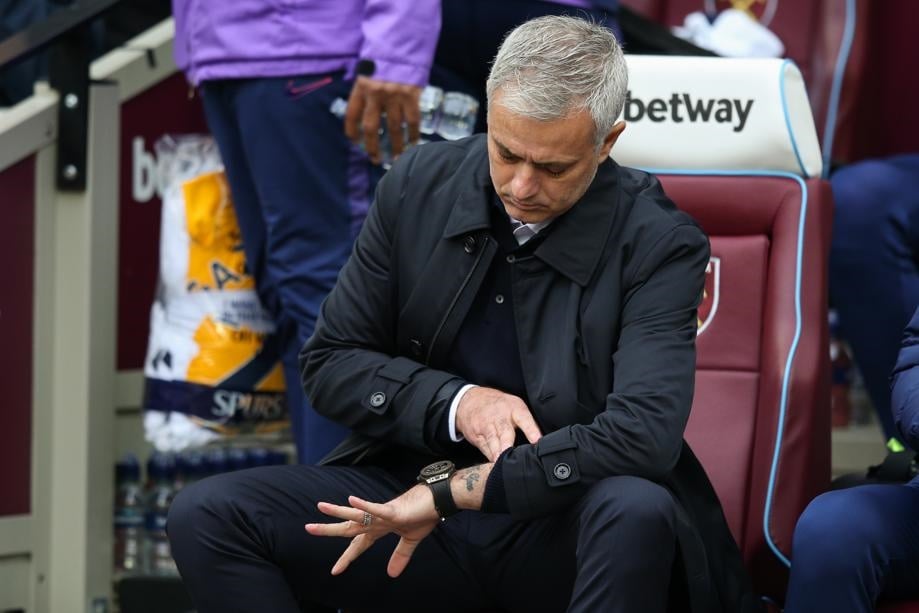 Tottenham Hotspur manager Jose Mourinho looks at his tattooed wrist ahead of the Premier League match between West Ham United and Tottenham Hotspur at London Stadium on November 23, 2019 in London. Picture: Craig Mercer/MB Media/Getty Images
