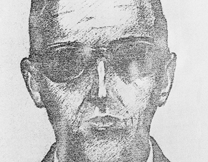 (Original Caption) The FBI released 11/27, this artists drawing of D. B. Cooper, the suspected skyjacker, who parachuted from a Northwest Airlines 727 jet after collecting $200,000 ransom in Seattle.