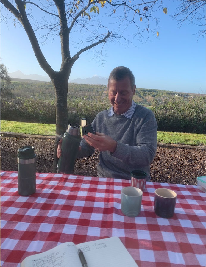 Winemaker Chris Keet pours coffee from his Stanley Flask in preparation of the interview back in 2020. 