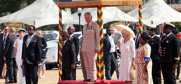 Prince Charles is welcomed at the Jubilee House in Accra, Ghana. (AP)