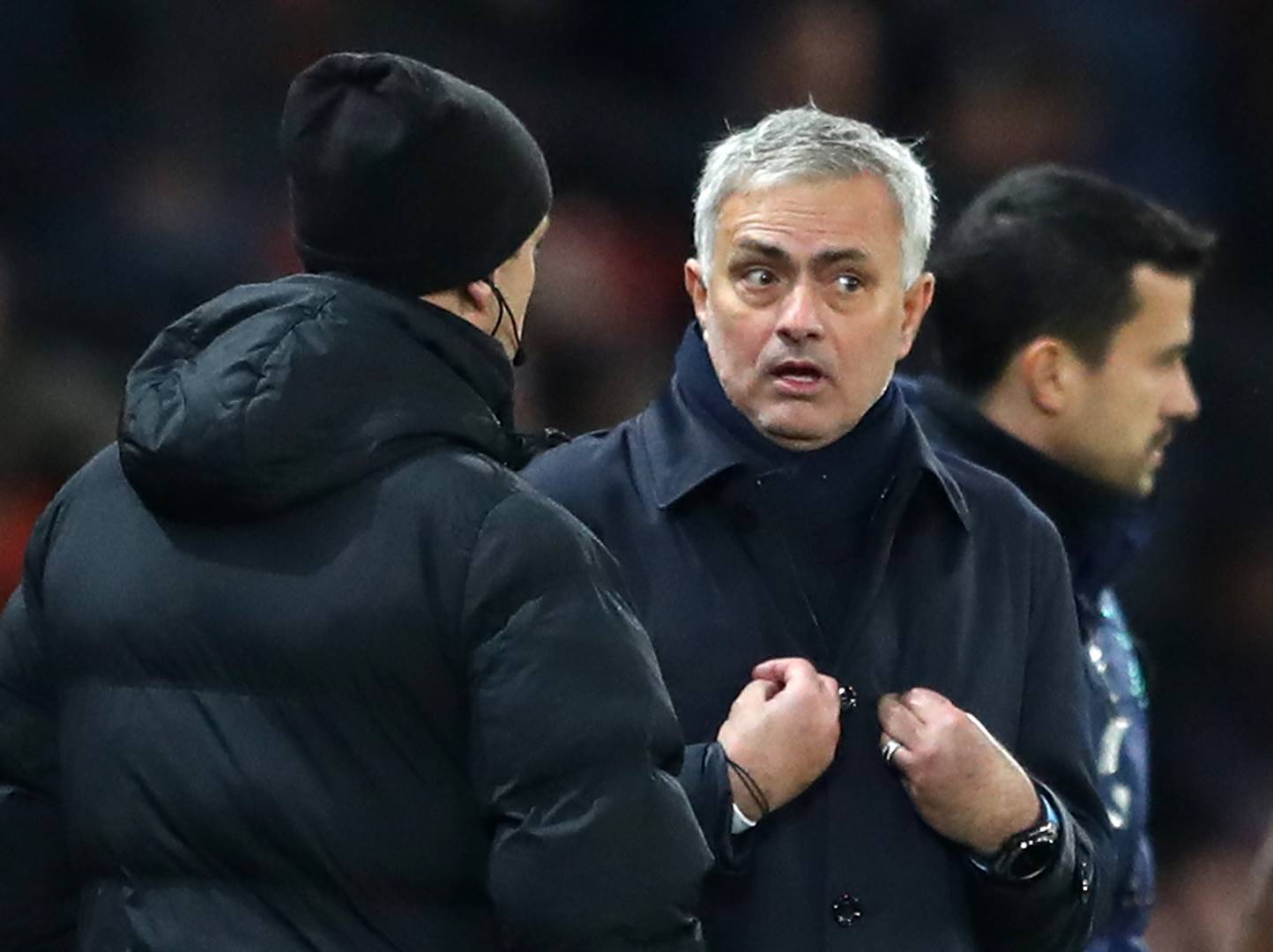 Jose Mourinho, Manager of Tottenham Hotspur complains to the fourth official during the Premier League match against Manchester United on December 4 2019. Picture: Michael Steele/Getty Images