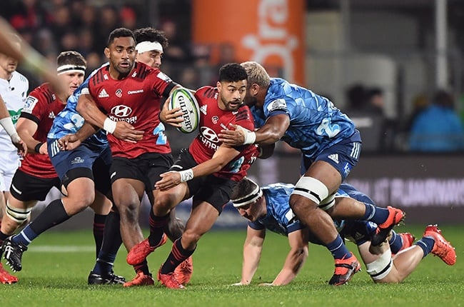 Crusaders flyhalf Richie Mounga on the charge against the Bues in Christchurch on 11 June 2020. 