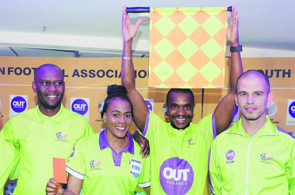 Victor Hlungwani, Safa woman referee Akhona Makalima, Zakhele Siwela and Victor Gomes at the launch of the Outsurance sponsorship two months ago. Hlungwani, Gomes and Siwela have been appointed by CAF to officiate at the high-profile Tunisa versus Egypt Africa Cup of Nations qualifier. Picture: Lefty Shivambu / Gallo Images