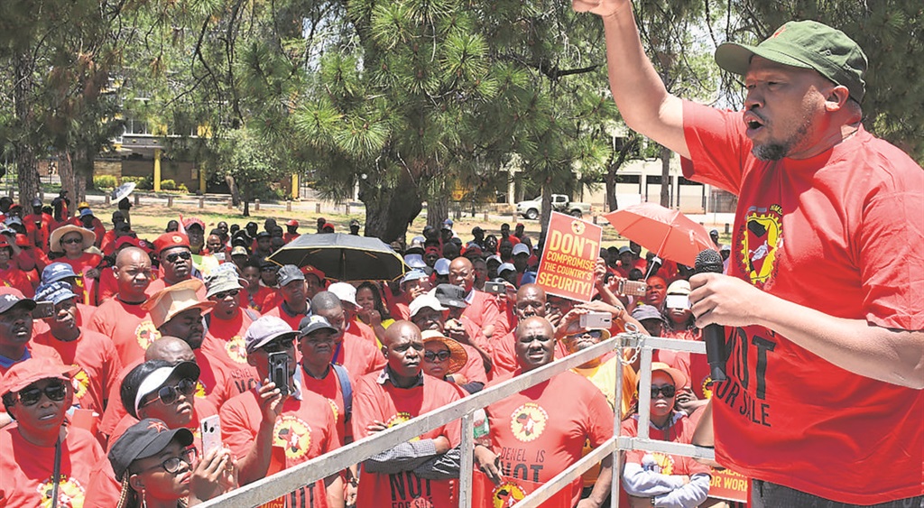 Numsa general secretary Irvin Jim addresses union members during the march to the public enterprises ministry offices in Tshwane on Friday.            Photo by Morapedi Mashashe