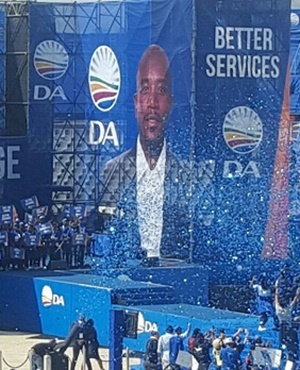 The stage bearing DA leader Mmusi Maimane's face at the party's election manifesto launch in Johannesburg.