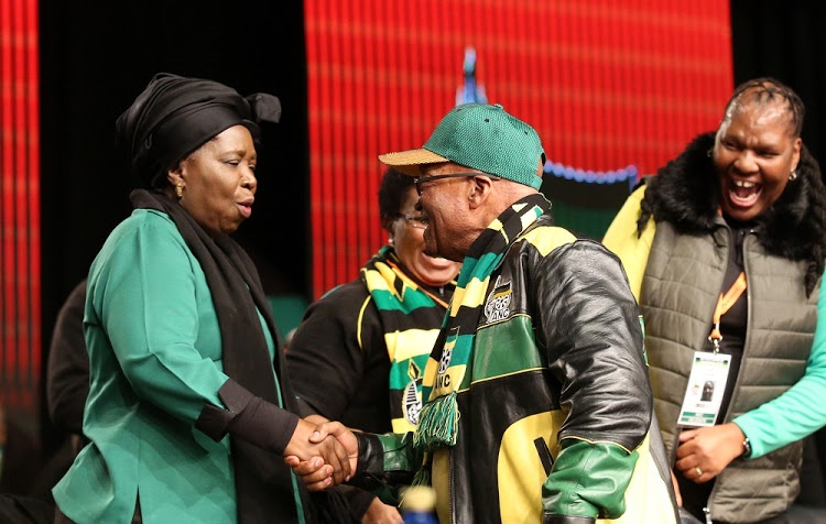 Jacob Zuma greets Nkosazana Dlamini-Zuma at the ANC's policy conference on June 30 2017.