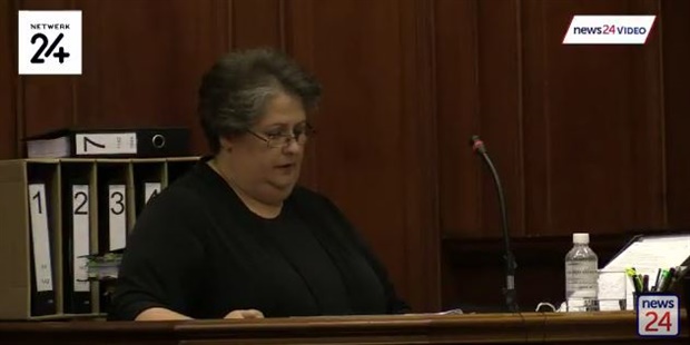 Defence witness Dr Antonel Olckers is being cross-examined by senior state prosecutor Susan Galloway.<br />