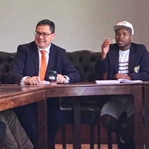 Stellenbosch University COO Stan du Plessis (L) and SRC chairperson Lwando Nkamisa at a student fee discussion on Monday. 