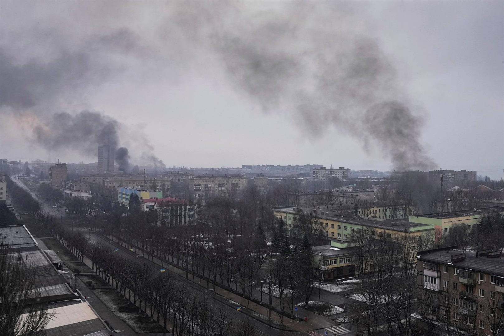 Smoke rise after shelling in Mariupol, Ukraine, Wednesday, March 9, 2022.