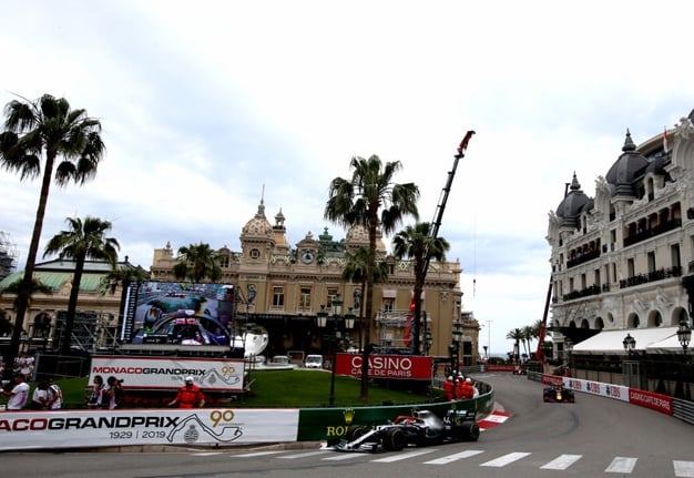 Lewis Hamilton leads Max Verstappen on track during the F1 Grand Prix of Monaco at Circuit de Monaco on May 26, 2019. (Photo by Charles Coates/Getty Images)