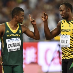 Usain Bolt of Jamaica gestures to Anaso Jobodwana before the men’s 200 metres final during the 15th IAAF World Championships at the National Stadium in Beijing, China, on Thursday (August 27 2015). Picture: Dylan Martinez/Reuters