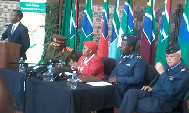 Defence Minister Mapisa-Nqakula
facing a barrage of questions from the media...<br />