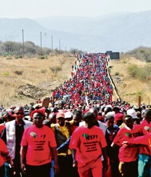 EFF leader Julius Malema led a 7000-strong, highly charged crowd to Modikwa Platinum Mine, partly owned by mining mogul Patrice Motsepe.
