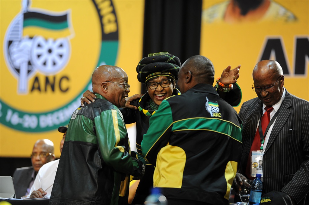 ANC President Jacob Zuma and deputy president Cyril Ramaphosa greeting Winnie Madikizela-Mandela while Andrew Mlangeni looks on. Picture: Jabu Khumalo