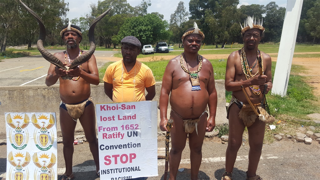 A group of Khoisan men protesting outside the Nasrec Expo Centre 