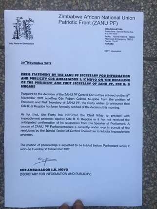 The caucus of Zanu-PF parliamentarians, who was in attendance at the meeting, has endorsed the motion for impeachment. <br />