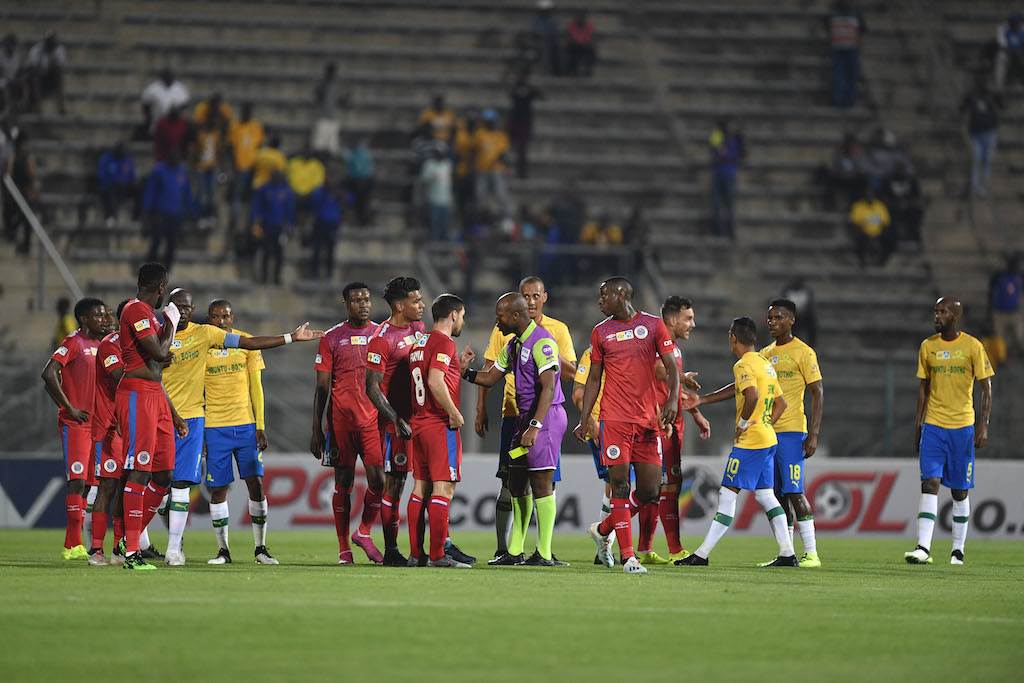 SuperSport and Sundowns players engaged in a scuff