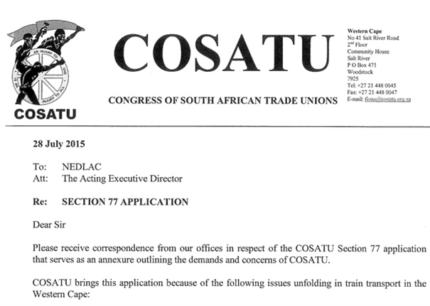 The letter Cosatu sent Nedlac, the contents of which are quoted in these live updates. <br />