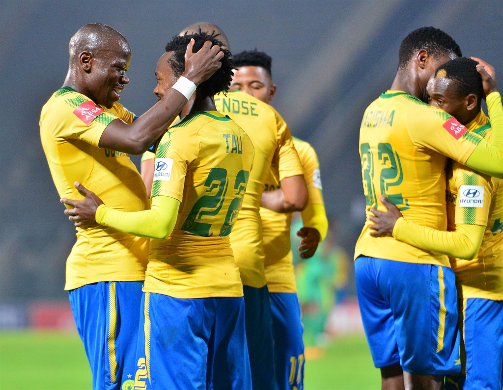 Mamelodi Sundowns players celebrating one of the four goals against Baroka FC.