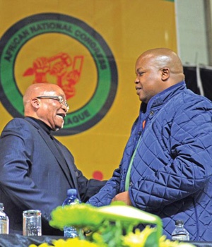 President Jacob Zuma congratulates Collen Maine on his election as the new president of the ANC Youth League. Picture: Lucky Nxumalo