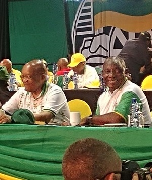Cyril Ramaphosa laughs with President Jacob Zuma while waiting for election results in the ANC's presidential race. (Photo: Jan Gerber)