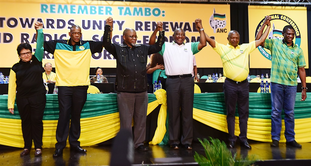 The top six of the new ANC national executive committee. From left to right: Deputy secretary-general Jessie Duarte, secretary-general Ace Magashule, national chairperson Gwede Mantashe, president Cyril Ramaphosa, deputy president David Mabuza and treasurer-general Paul Mashatile. Picture: Leon Sadiki