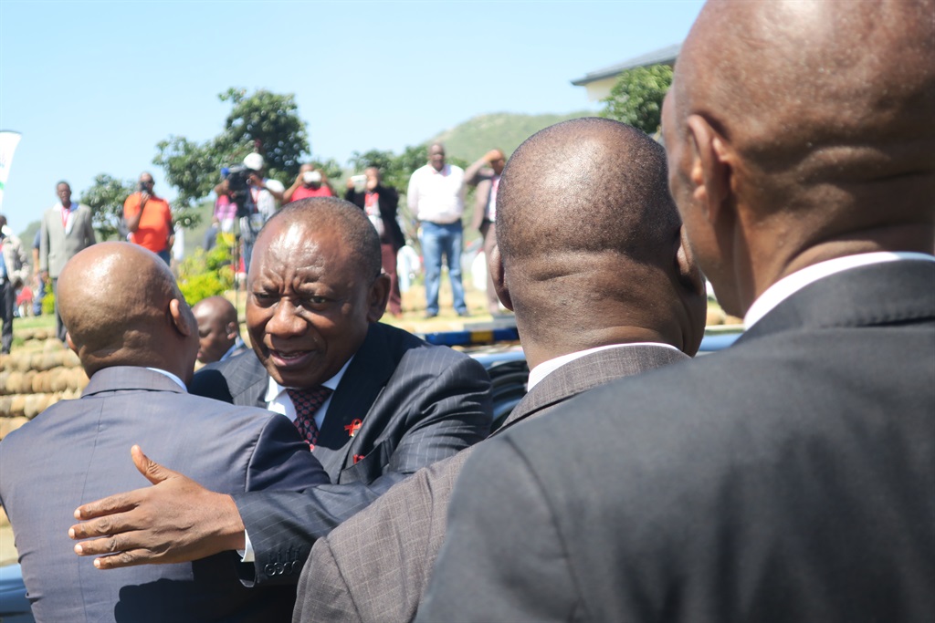 ANC president Cyril Ramaphosa arrives for a dialogue with traditional leaders about HIV/AIDS earlier this month. Here, he greets Eastern Cape Premier Phumulo Masualle at Bumbane Great place. Picture: Lubabalo Ngcukana 