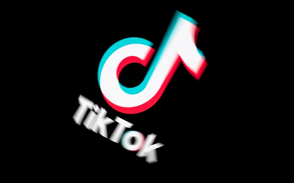 Logo of the social media video sharing app Tiktok displayed on a tablet screen in Paris. 