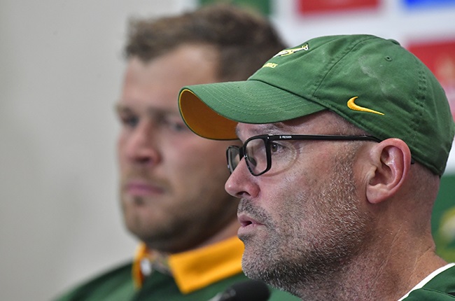 Springbok coach Jacques Nienaber with stand-in captain Duane Vermeulen.