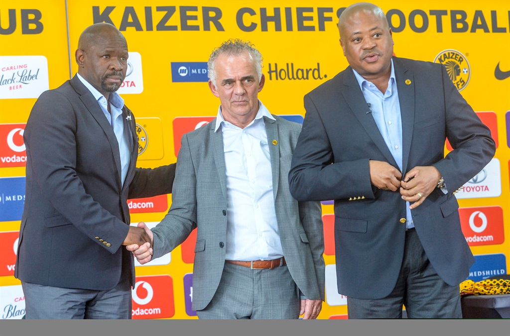 Kaizer Chiefs coach Steve Komphela and football manager Bobby Motaung introduce the new technical advisor Rob Hutting to the media. Picture: Sydney Seshibedi/Gallo Images
