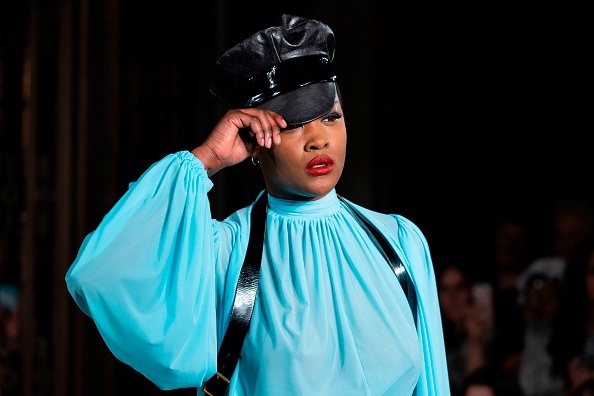 A model presents a creation from British designer Pam Hogg during her 2019 Autumn/Winter collection catwalk show at London Fashion Week