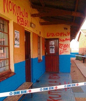 Spray-painted graffiti at the school that led principal Nokuthula Magwanyana to lay charges of intimidation. Picture: Public Eye Maritzburg