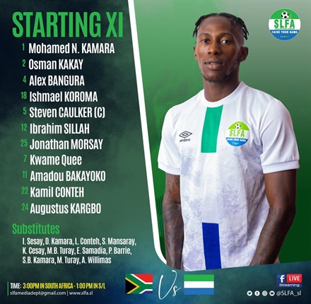 <p><strong>Sierra Leone XI:</strong> Kamara; Kakay, Bangura, Koroma, Caulker, Sillah, Morsay, Quee, Bakayoko, Conteh, Kargbo.</p>