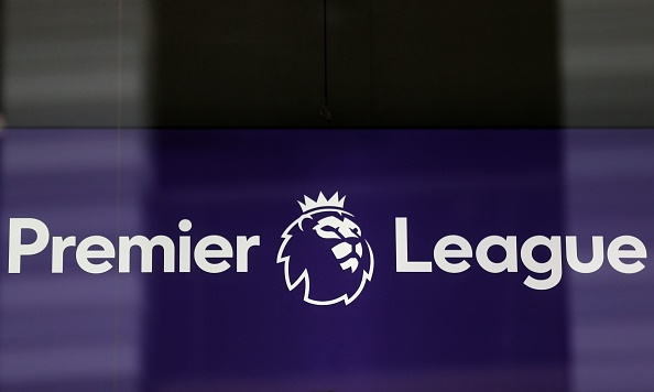 The logo is pictured through a glass window at the headquarters of the English Premier League in London