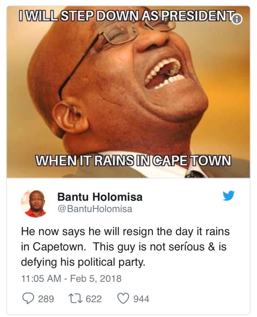 The Jacob Zuma memes were flying on Twitter on Tuesday morning as calls for his resignation became louder.