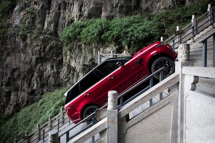 The Range Rover Sport climbing the steps to China's Heaven's Gate.