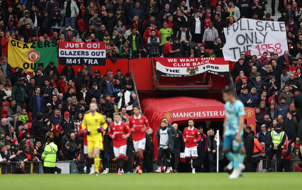Man United fans at Old Trafford demanding the Glazers leave the club.