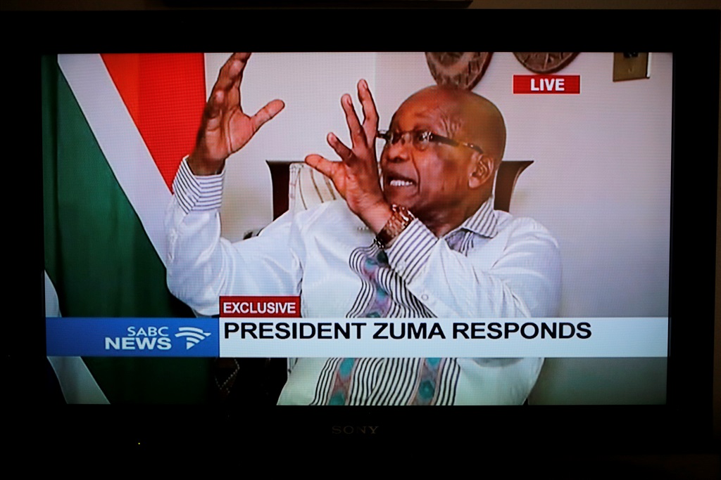 Jacob Zuma addresses the nation on TV via the national broadcaster SABC, responding to the political crisis surrounding him, on Wednesday, February 14 2018. Picture: Kim Ludbrook/EPA