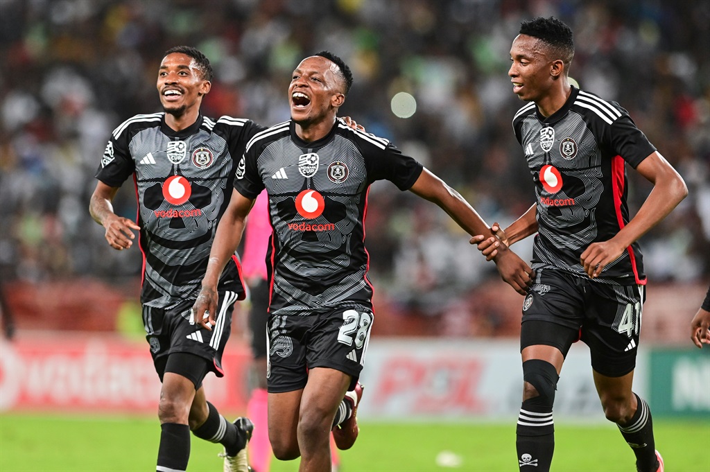 Patrick Maswanganyi of Orlando Pirates celebrates scoring during the Nedbank Cup, Quarter Final match between AmaZulu FC and Orlando Pirates at Moses Mabhida Stadium on April 13, 2024 in Durban, South Africa. 