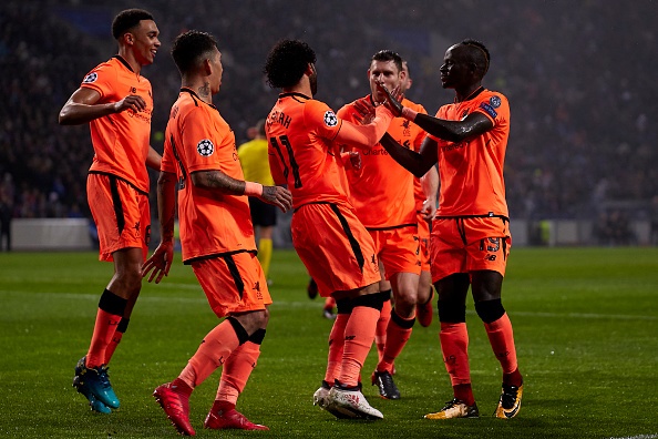  Mohamed Salah of Liverpool FC celebrates with his team-mates