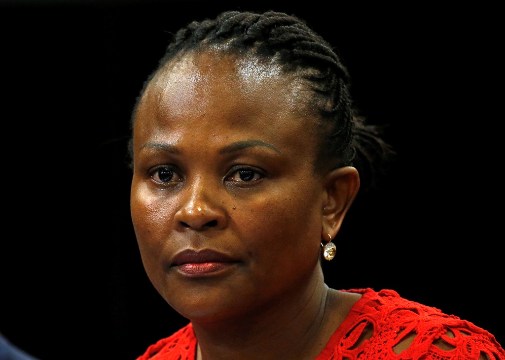 Public Protector Busisiwe Mkhwebane listens during a briefing at Parliament. Photo: Mike Hutchings/Reuters 