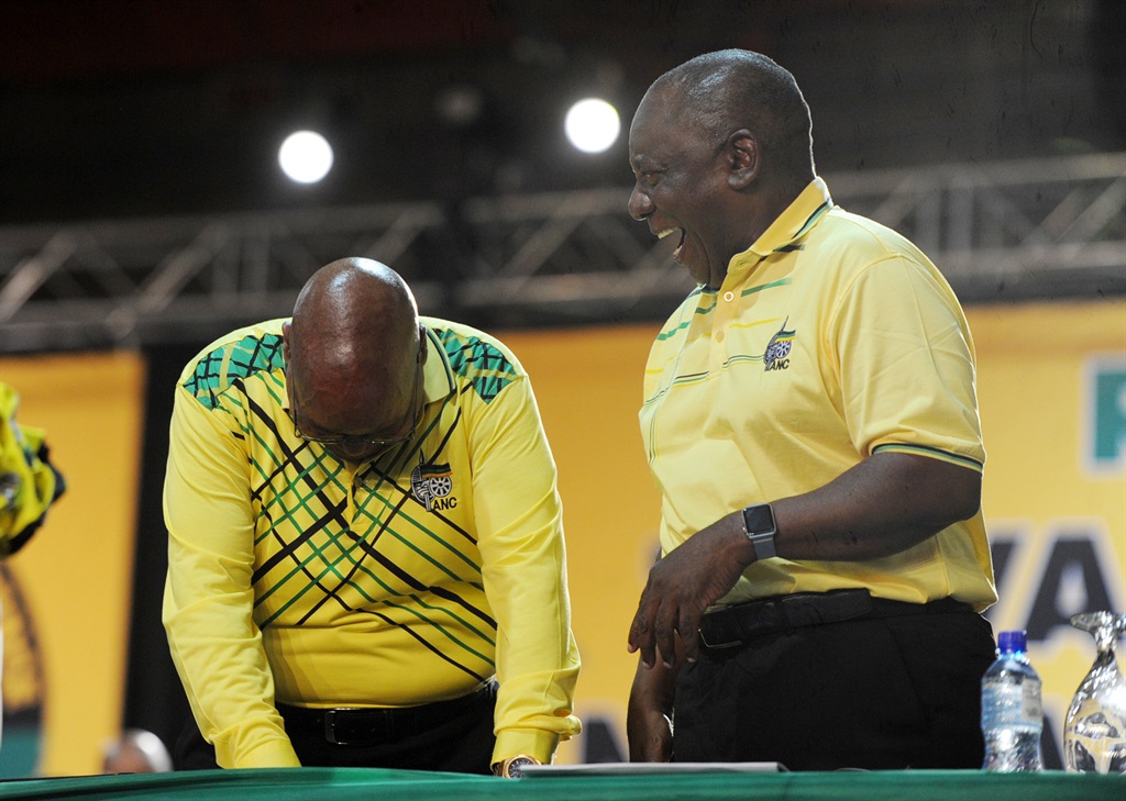 President Cyril Ramaphosa and former president Jacob Zuma sharing a joke at the recent ANC conference in Nasrec. Photo by: Jabu Kumalo