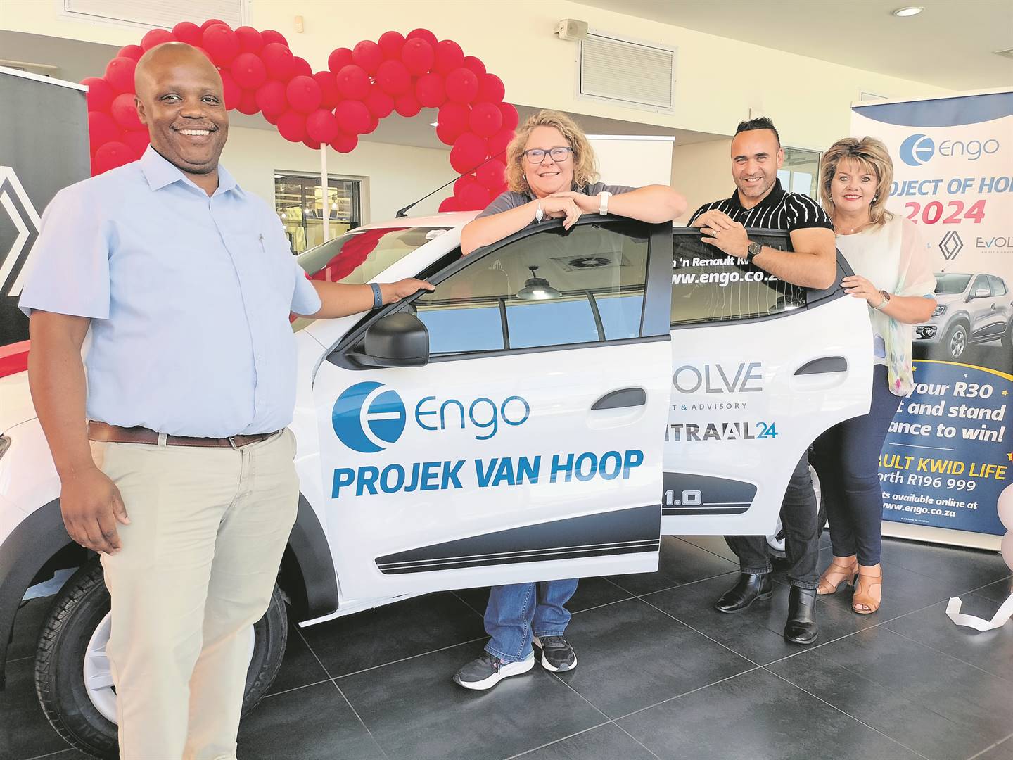 At the launch of Engo’s Project of Hope for 2024, with the Renault Kwid Life, are from the left Thabo Mokoena (dealer principal at Renault Bloemfontein), Carolien Koen (Evolve Audit and Advisory), De Wet Claassens (chief executive director of Engo) and Jeannine van Zyl (general manager of Central24).Photo: Lientjie Mentz