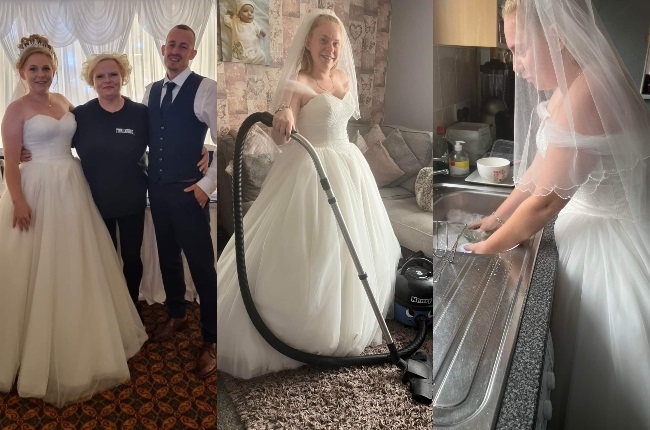 Christie Hewings and her husband Kyle Hewings on their wedding and Chistie doing chores in her wedding gown. Image via Facebook (Collage by Futhi Masilela)