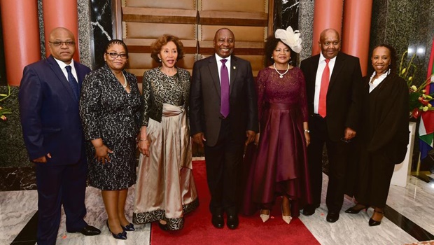 Deputy chairperson of the National Council of Provinces Raseriti Tau and chairperson Thandi Modise, First Lady Tshepo Motsepe and President Cyril Ramaphosa, parliamentary speaker Baleka Mbete, deputy speaker Lechesa Tsenoli and deputy secretary to Parliament Penelope Tyawa. Picture: Kopano Tlape / gcis.