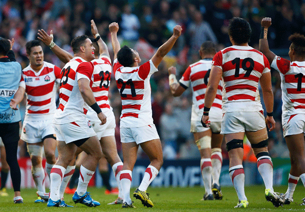 <strong><em>Japan celebrate after beating the Springboks to cause arguably the greatest shock in rugby history... (Gallo Images)</em></strong><br />