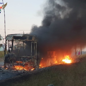 A municipal bus has been torched in a violent protest in Cato Manor. (Supplied, Rescue Care)