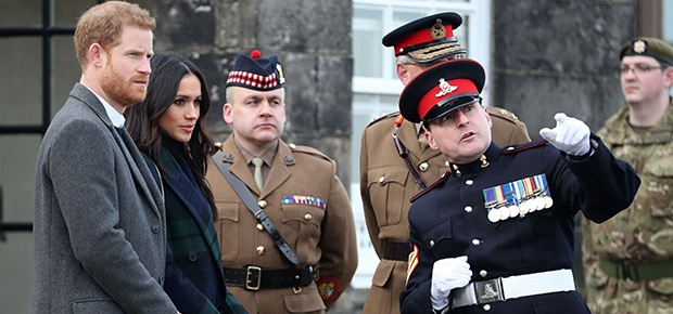 Prince Harry and Meghan Markle meet Armed Forces personnel at Edinburgh Castle.(Photo: Getty Images)